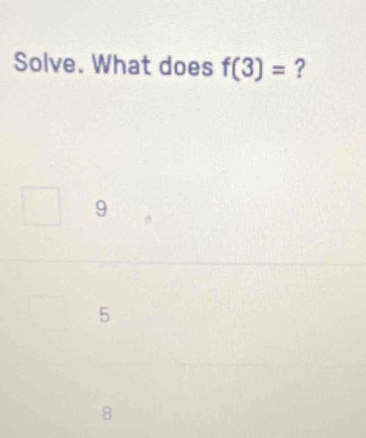 Solve. What does f(3)= ?
9
5
8