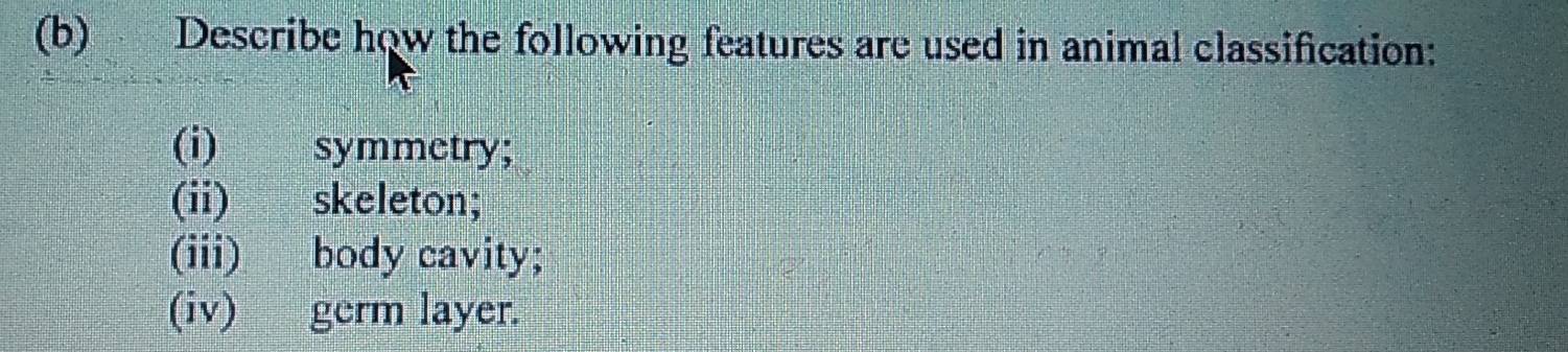 Solved: Describe how the following features are used in animal ...