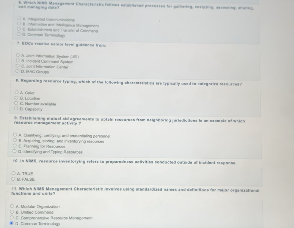 Solved: Which NIMS Management Characteristic follows established ...