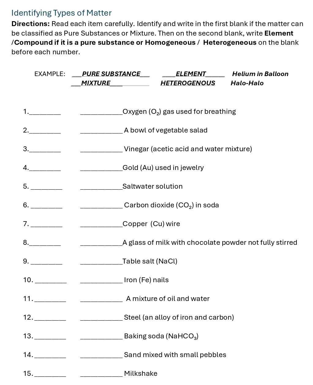 Solved: Identifying Types of Matter Directions: Read each item ...