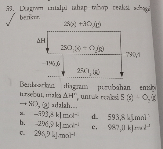 Diagram entalpi tahap-tahap reaksi sebaga
Berdasarkan diagram perubahan entalpi
tersebut, maka △ H° untuk reaksi S(s)+O_2(g)
SO_2(g) adalah....
a. -593,8kJ.mol^(-1) d. 593,8kJ.mol^(-1)
b. -296,9kJ.mol^(-1) e. 987,0kJ.mol^(-1)
C. 296,9kJ.mol^(-1)