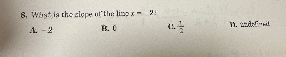 What is the slope of the line x=-2 7
A. -2 B. 0 C.  1/2  D. undefined