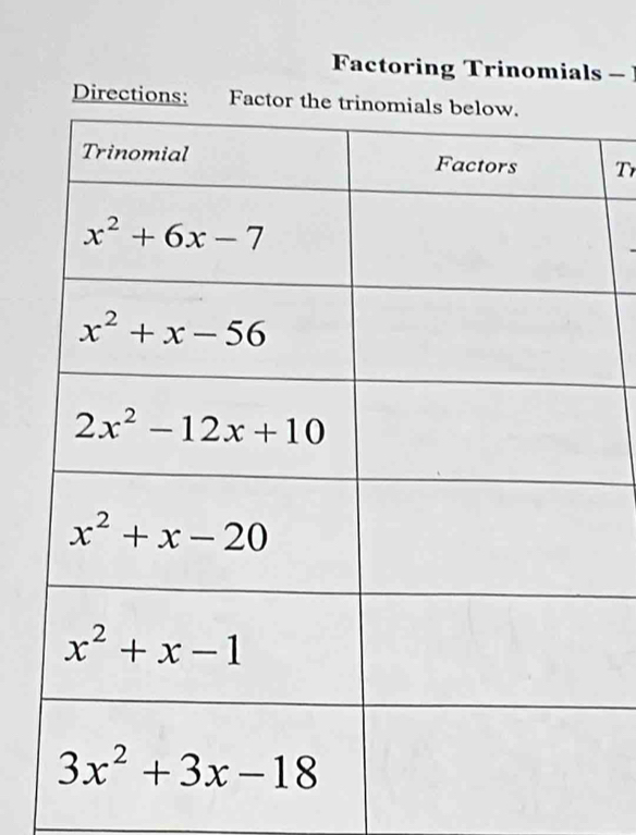 Factoring Trinomials - 
Directions: F
Tr