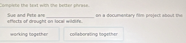 Complete the text with the better phrase.
Sue and Pete are _on a documentary film project about the
effects of drought on local wildlife.
working together collaborating together