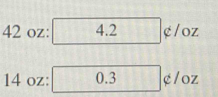 42oz:4.2c/oz
14oz: 0.3c/oz