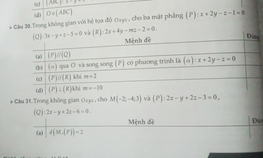 (c) (ABC):x-y+
(d) O∈ (ABC)
# Câu 30.Trong không gian với hệ tọa độ Oxyz , cho ba mặt phẳng (P): x+2y-z-1=0
:2x+4y-mz-2=0.
Câu 31. Trong không gian Oxyz , cho M(-2;-4;3) và (P):2x-y+2z-3=0,
(Q): 2x-y+2z-6=0.
n