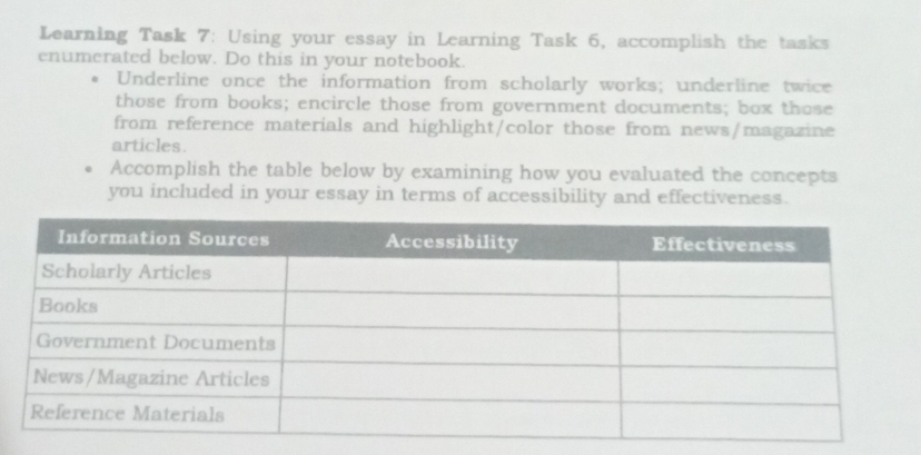 Learning Task 7: Using your essay in Learning Task 6, accomplish the tasks 
enumerated below. Do this in your notebook. 
Underline once the information from scholarly works; underline twice 
those from books; encircle those from government documents; box those 
from reference materials and highlight/color those from news/magazine 
articles. 
Accomplish the table below by examining how you evaluated the concepts 
you included in your essay in terms of accessibility and effectiveness.