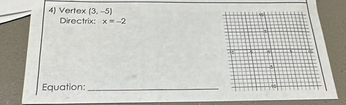 Vertex (3,-5)
Directrix: x=-2
Equation: _