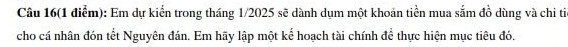 Câu 16(1 điểm): Em dự kiến trong tháng 1/2025 sẽ dành dụm một khoản tiền mua sắm đồ dùng và chi ti 
cho cá nhân đón tết Nguyên đán. Em hãy lập một kể hoạch tài chính để thực hiện mục tiêu đó.