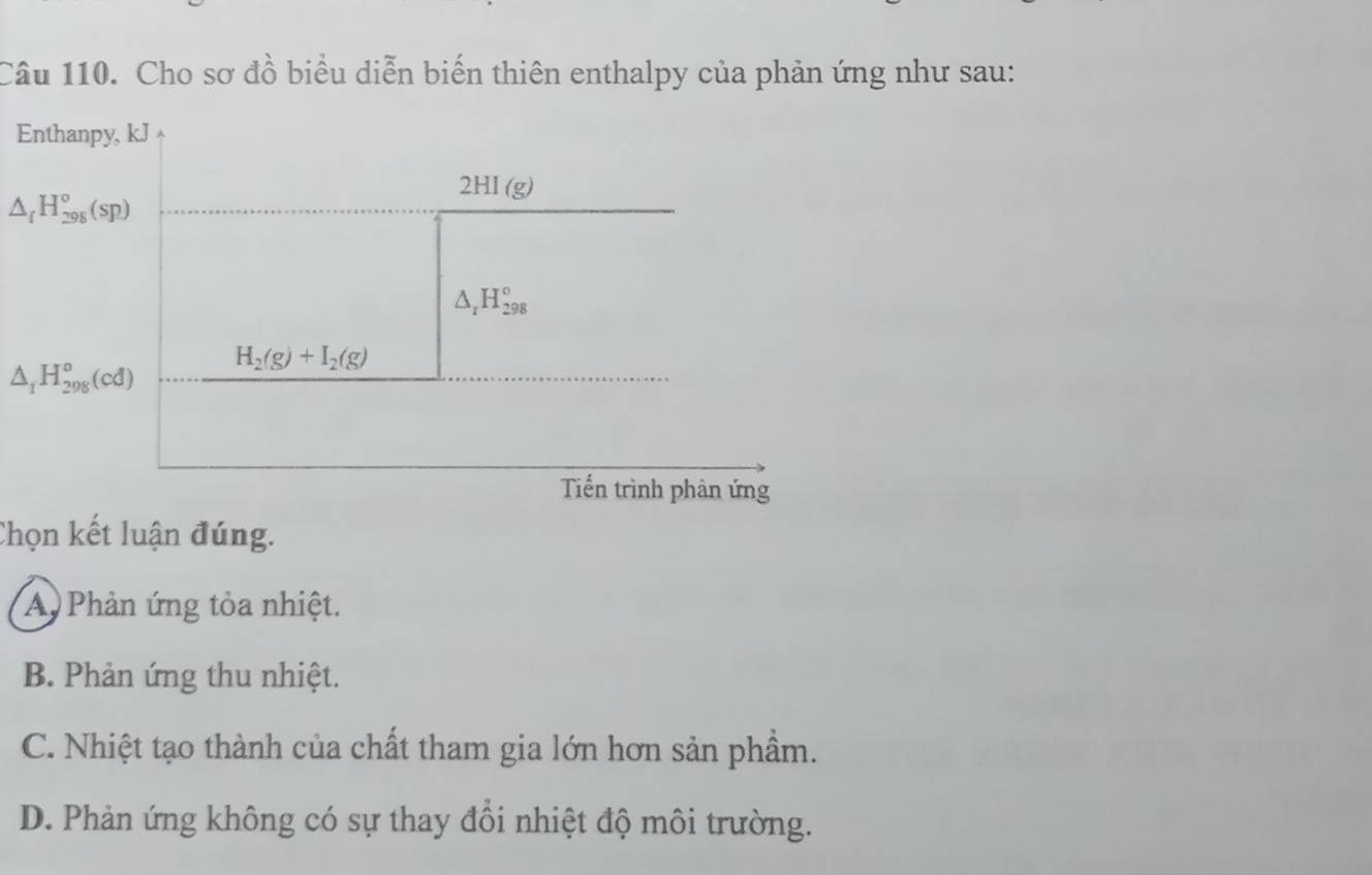 Cho sơ đồ biểu diễn biến thiên enthalpy của phản ứng như sau:
Enthanpy, kJ
△ _fH_(298)°(sp)
2HI(g)
△ _rH_(298)°
△ _1H_(298)°(cd)
H_2(g)+I_2(g)
Tiến trình phản ứng
Chọn kết luận đúng.
A Phản ứng tỏa nhiệt.
B. Phản ứng thu nhiệt.
C. Nhiệt tạo thành của chất tham gia lớn hơn sản phẩm.
D. Phản ứng không có sự thay đồi nhiệt độ môi trường.