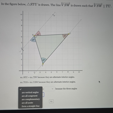 In the figure below, △ STU is drawn. The line overleftrightarrow VSW is drawn such that overleftrightarrow VSWparallel overline TU.
m∠ STU=m∠ TSV because they are alternate interior angles.
m∠ TUS=m∠ USW because they are alternate interior angles.
because the three angles
are vertical angles
are all congruent
are complementary
are all acute try
form a straight line