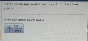 Graph the following oquation by plotting poines. Let x=-3, -2, -1,0,1,2,a nd 3
y=|x|+5
Use the graphing tool to graph the equation. 
en large Click to 
graph