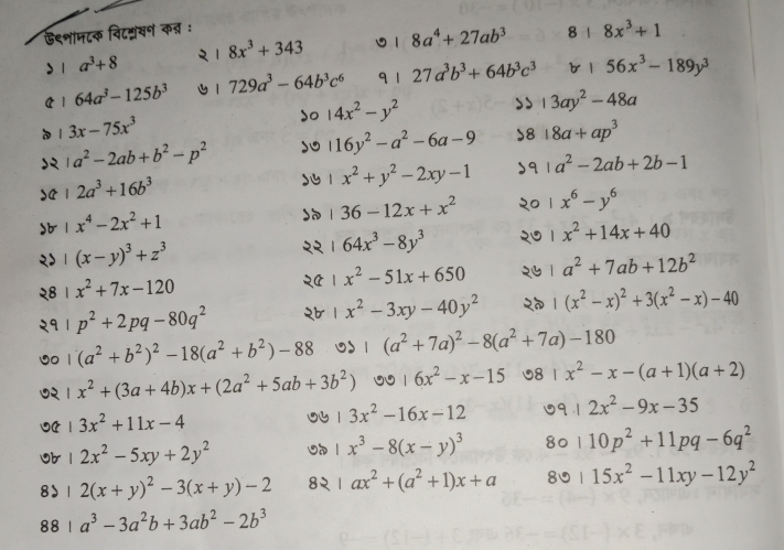 ऊ९शामटक विटनखन कन् ः
8x^3+343 8a^4+27ab^3 8 1 8x^3+1
a^3+8
64a^3-125b^3 729a^3-64b^3c^6 9 1 27a^3b^3+64b^3c^3 b l 56x^3-189y^3
14x^2-y^2 13ay^2-48a
3x-75x^3
a^2-2ab+b^2-p^2
116y^2-a^2-6a-9 )8 18a+ap^3
2a^3+16b^3
x^2+y^2-2xy-1 sq |a^2-2ab+2b-1
x^4-2x^2+1
36-12x+x^2 x^6-y^6
x^2+14x+40
(x-y)^3+z^3
64x^3-8y^3
a x^2+7x-120
x^2-51x+650 a^2+7ab+12b^2
p^2+2pq-80q^2
x^2-3xy-40y^2 (x^2-x)^2+3(x^2-x)-40
(a^2+b^2)^2-18(a^2+b^2)-88 (a^2+7a)^2-8(a^2+7a)-180
x^2+(3a+4b)x+(2a^2+5ab+3b^2) 1 6x^2-x-15 08 1 x^2-x-(a+1)(a+2)
3x^2+11x-4
yu l 3x^2-16x-12. 2x^2-9x-35
2x^2-5xy+2y^2 Đà 1 x^3-8(x-y)^3 80 110p^2+11pq-6q^2
81 2(x+y)^2-3(x+y)-2 8। ax^2+(a^2+1)x+a 80 |15x^2-11xy-12y^2
88 a^3-3a^2b+3ab^2-2b^3