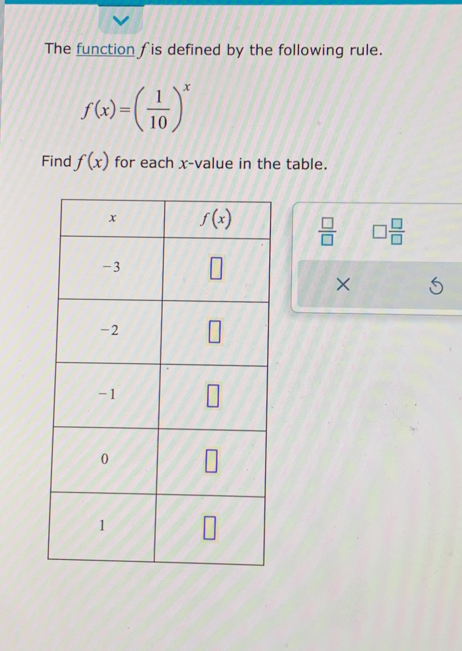 The function fis defined by the following rule.
f(x)=( 1/10 )^x
Find f(x) for each x-value in the table.
 □ /□   □  □ /□  
×