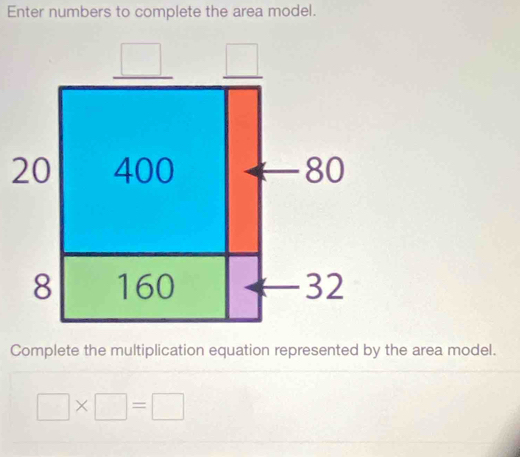 Enter numbers to complete the area model.
Complete the multiplication equation represented by the area model.
□ * □ =□