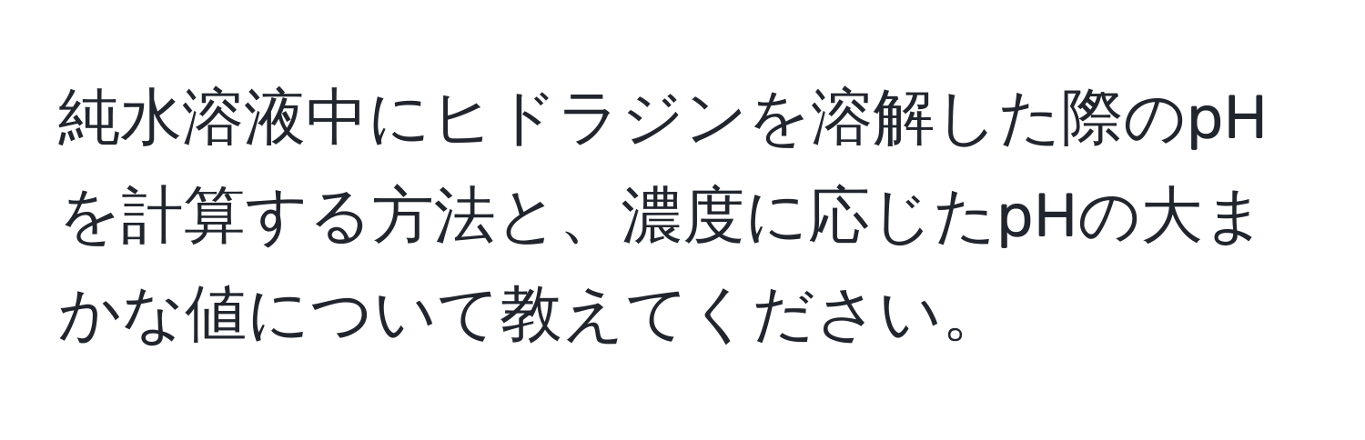 純水溶液中にヒドラジンを溶解した際のpHを計算する方法と、濃度に応じたpHの大まかな値について教えてください。