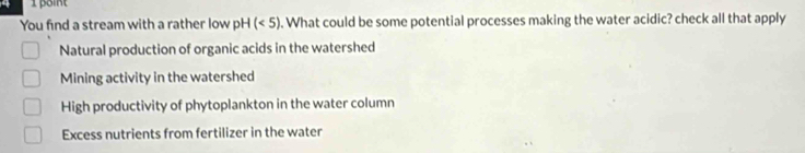 You find a stream with a rather low pH (<5). What could be some potential processes making the water acidic? check all that apply
Natural production of organic acids in the watershed
Mining activity in the watershed
High productivity of phytoplankton in the water column
Excess nutrients from fertilizer in the water