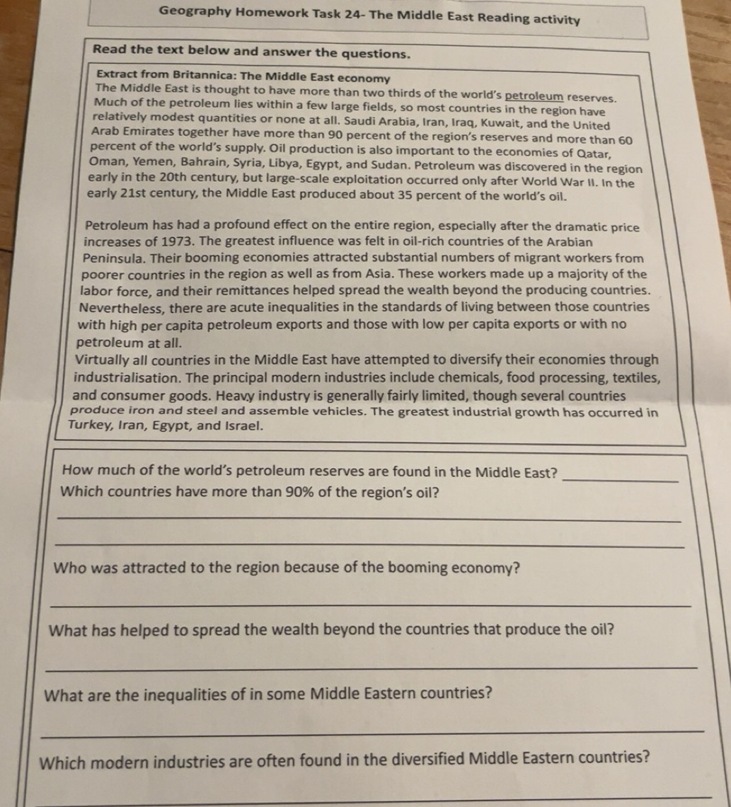 Solved: Geography Homework Task 24- The Middle East Reading activity ...