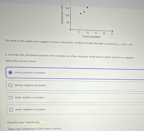 5 150
100
50
5 10 15 20 25
hours worked
The data in the scatter plot suggest a linear association. A line to model the data is given by y=12x+41. 
a. Describe the correlation between the variables as either strong or weak and as either positive or negative.
Select the correct choice.
strong, positive correlation
strong, negative correlation
weak, positive correlation
weak, negative correlation
Explain your reasoning.
Type your response in the space below.