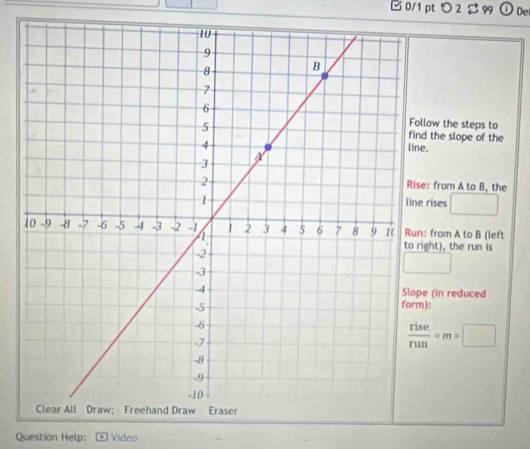 □ 0/1 pt つ 2 2 99 De 
ow the steps to 
the slope of the 
. 
: from A to B, the 
line rises □ 
from A to B (left 
ht), the run is 
(in reduced 
:
 rise/run =m=□
Question Help: Video