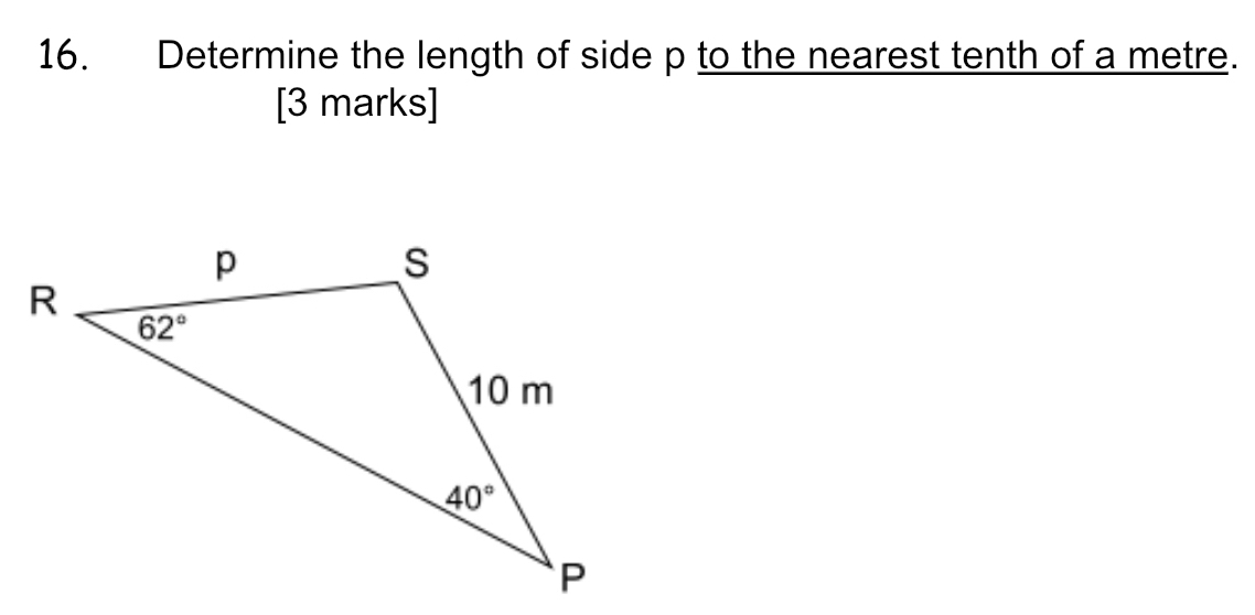 Determine the length of side p to the nearest tenth of a metre.
[3 marks]