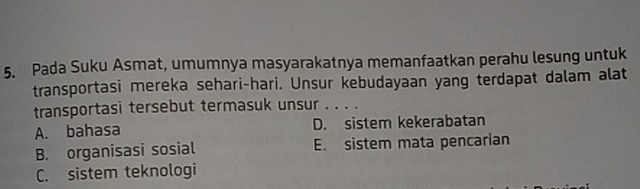 Pada Suku Asmat, umumnya masyarakatnya memanfaatkan perahu lesung untuk
transportasi mereka sehari-hari. Unsur kebudayaan yang terdapat dalam alat
transportasi tersebut termasuk unsur . . . .
A. bahasa D. sistem kekerabatan
B. organisasi sosial E. sistem mata pencarian
C. sistem teknologi