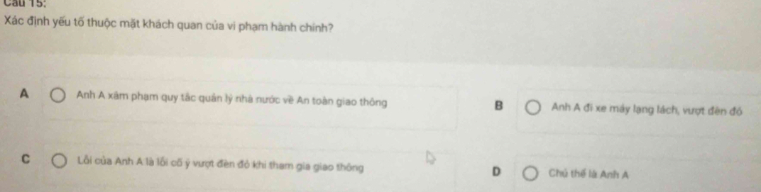 Cầu 15:
Xác định yếu tố thuộc mặt khách quan của vi phạm hành chính?
A Anh A xâm phạm quy tắc quản lý nhà nước về An toàn giao thông B Anh A đi xe máy lạng lách, vượt đên đồ
C Lỗi của Anh A là lỗi cố ý vượt đèn đỏ khi tham gia giao thông D Chú thể là Anh A