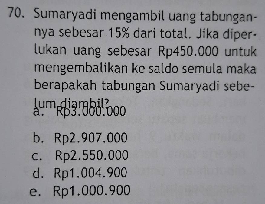 Sumaryadi mengambil uang tabungan-
nya sebesar 15% dari total. Jika diper-
lukan uang sebesar Rp450.000 untuk
mengembalikan ke saldo semula maka
berapakah tabungan Sumaryadi sebe-
lum diambil?
:''' Rp3.000.000
b. Rp2.907.000
c. Rp2.550.000
d. Rp1.004.900
e. Rp1.000.900