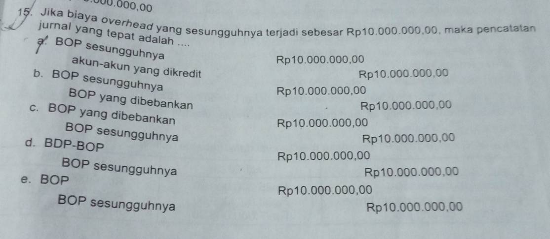 000.000,00
15. Jika biaya overhead yang sesungguhnya terjadi sebesar Rp10.000.000,00, maka pencatatan
jurnal yang tepat adalah ....
a. BOP sesungguhnya
Rp10.000.000,00
akun-akun yang dikredit
Rp10.000.000,00
b. BOP sesungguhnya
Rp10.000.000,00
BOP yang dibebankan
Rp10.000.000,00
c. BOP yang dibebankan
Rp10.000.000,00
BOP sesungguhnya
Rp10.000.000,00
d. BDP-BOP
Rp10.000.000,00
BOP sesungguhnya
e. BOP Rp10.000.000,00
Rp10.000.000,00
BOP sesungguhnya
Rp10.000.000,00