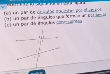 termine lo siguiente en esta lgura .
(a) un par de ángulos opuestos por el vértice
(b) un par de ángulos que forman un par lineal
(c) un par de ángulos congruentes
Masificar