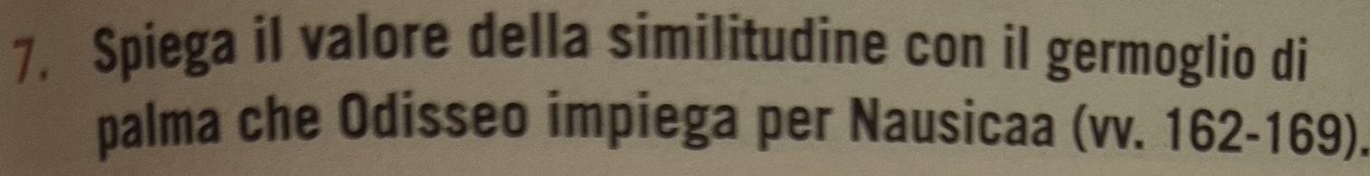 Spiega il valore della similitudine con il germoglio di 
palma che Odisseo impiega per Nausicaa (vv. 162-169).