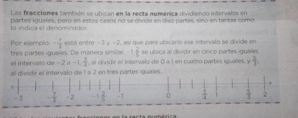 Las fracciones también se ubican en la recta numérica dividiendo intervalos en
partes iguales, pero en estos casos no se divide en diez partes, sino en tantas como
lo indica el denominador
Por ejemplo: - 7/3  está entre - 3 y −2, así que para ubicarlo ese intervalo se divide en
tres partes iguales. De manera similar, -1 2/5  se ubica al dividir en cinco partes iguales
el intervalo de −2 a -1;  3/4  , al dividir el intervalo de 0 a 1 en cuatro partes iguales, y  5/3 ,
al dividir el intervalo de 1 a 2 en tres partes iguales.
n e  s  en la rocta pumórica