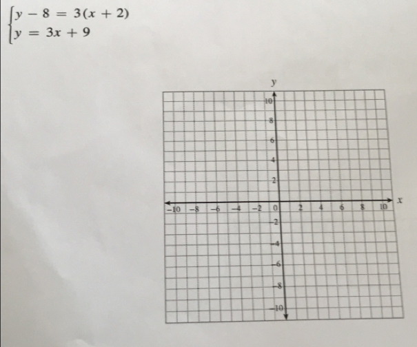 beginarrayl y-8=3(x+2) y=3x+9endarray.