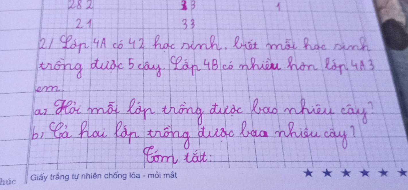 282 3B
21
33
21 Can 4A d6 42 hac nink. Riat mai hac sinh 
trong duǒc 5day. Can 4Bco mhu hon Ràn 4A3
tr! 
ai gei māi làn thōng duǒc bao mheu cay? 
b, Qa Qlai Rán zhōng duàe Qua whiou cay? 
tom tat: