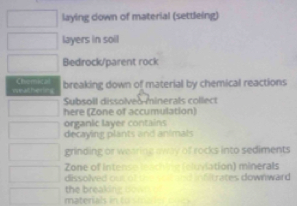 laying down of material (settleing)
layers in soil
Bedrock/parent rock
Chemical
weathering breaking down of material by chemical reactions
Subsoll dissolved minerals collect
here (Zone of accumulation)
organic layer contains
decaying plants and animals
grinding or wearing away of rocks into sediments
Zone of intense leaching (eluvlation) minerals
dissolved out of the solfand infiltrates downward 
the breaking down o
materials in to smaller ooes