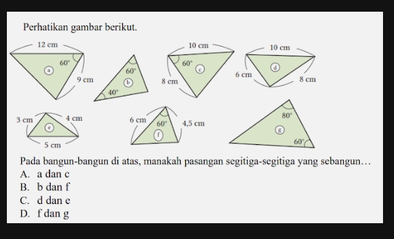 Perhatikan gambar berikut.
 
6 cm 60° 4,5 cm
 
Pada bangun-bangun di atas, manakah pasangan segitiga-segitiga yang sebangun…
A. a dan c
B. b dan f
C. d dan e
D. f dan g