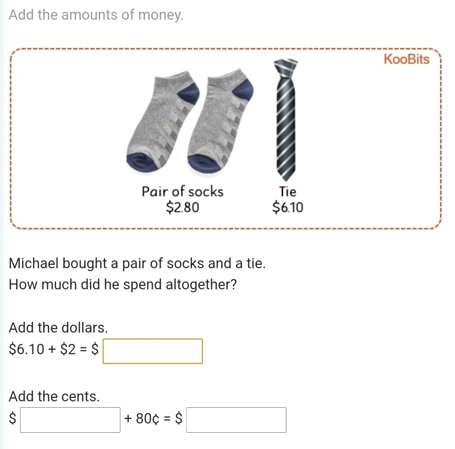 Add the amounts of money. 
Michael bought a pair of socks and a tie. 
How much did he spend altogether? 
Add the dollars.
$6.10+$2=$ □ 
Add the cents.
□ +80c=$□