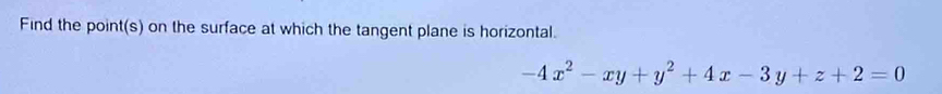 Find the point(s) on the surface at which the tangent plane is horizontal.
-4x^2-xy+y^2+4x-3y+z+2=0