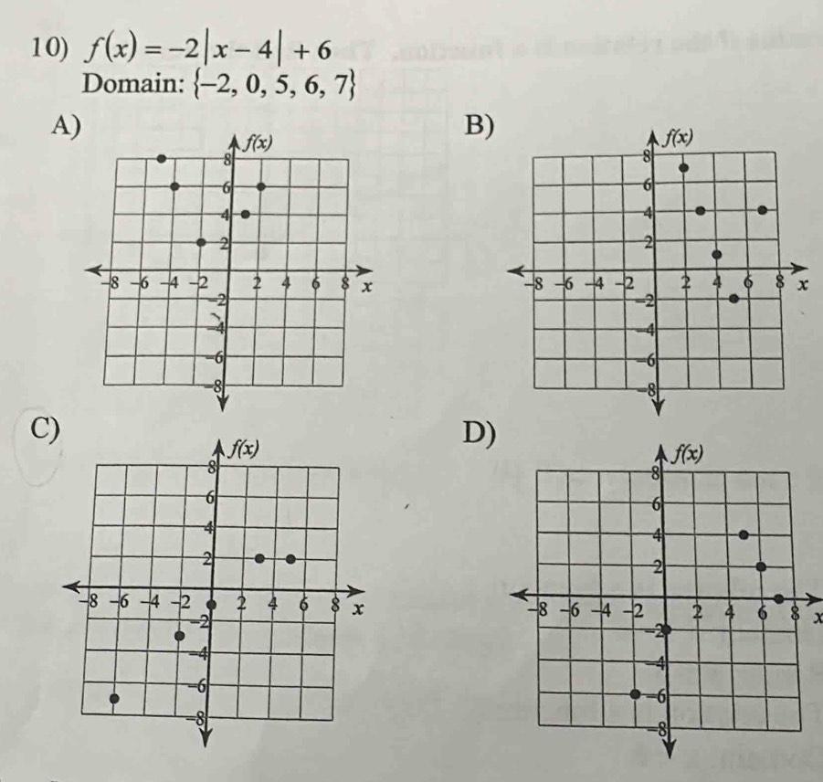 f(x)=-2|x-4|+6
Domain:  -2,0,5,6,7
A
B
 
C)
D)
x