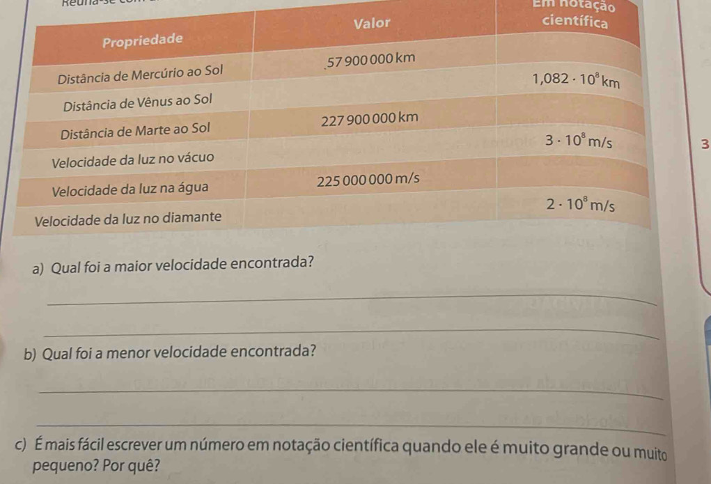 Reu
Em notação
3
a) Qual foi a maior velocidade encontr
_
_
b) Qual foi a menor velocidade encontrada?
_
_
c) É mais fácil escrever um número em notação científica quando ele é muito grande ou muito
pequeno? Por quê?