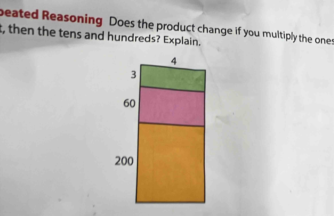 beated Reasoning Does the product change if you multiply the ones 
, then the tens and hundreds? Explain.