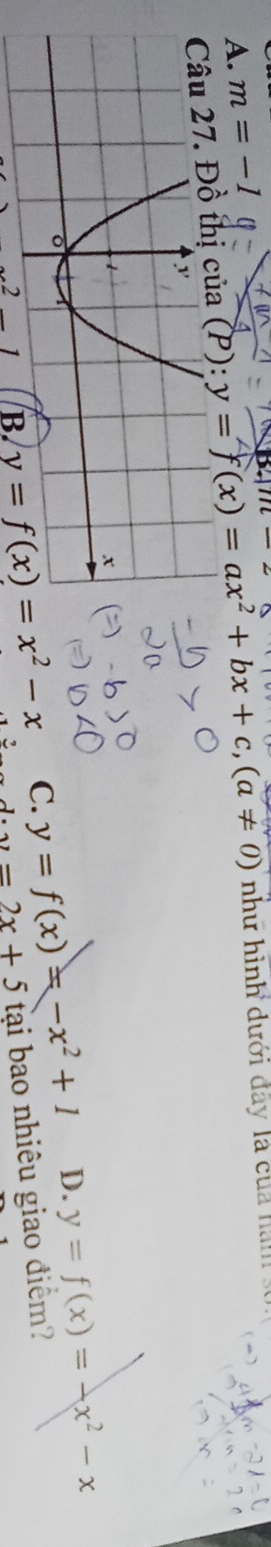 A. m=-1
11t-2
ủa (P): y=f(x)=ax^2+bx+c,(a!= 0) như hình dưới đay là của nam  .
B. C. y=f(x)=-x^2+1 D. y=f(x)=-x^2-x
y=2x+5 tại bao nhiêu giao điểm?