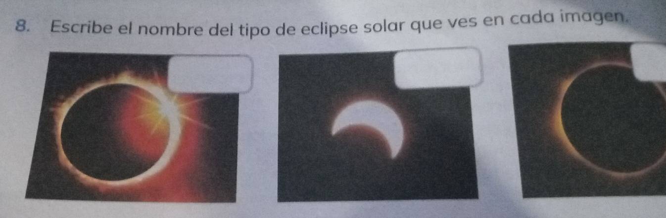 Escribe el nombre del tipo de eclipse solar que ves en cada imagen.