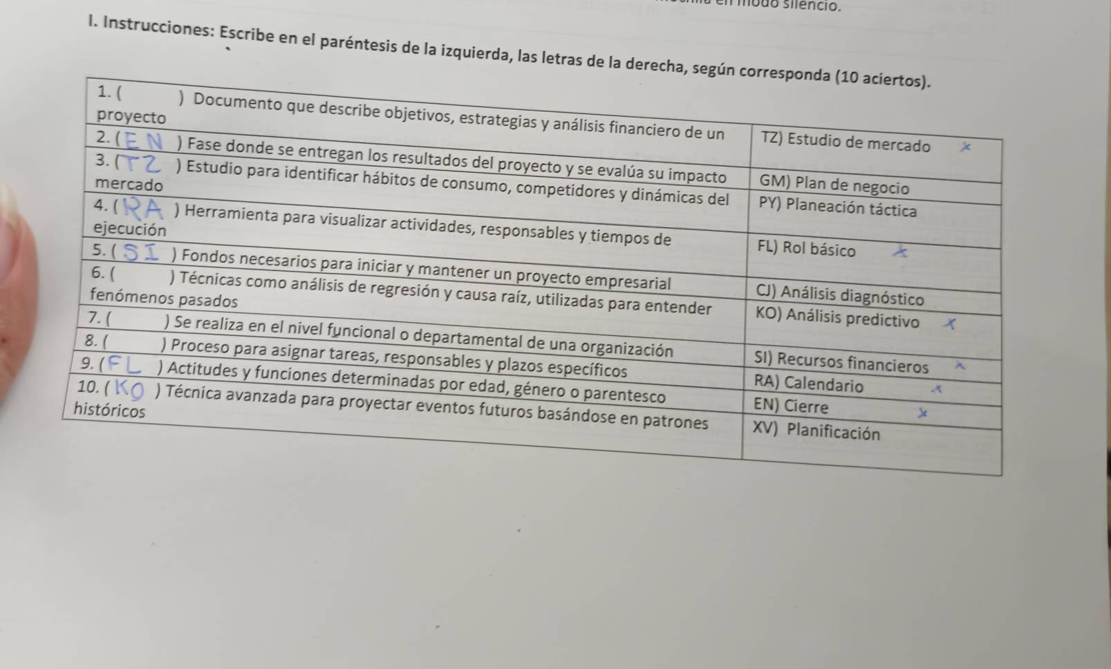 mbdo silencio. 
l. Instrucciones: Escribe en el paréntesis de la izquierda, las letras de la d