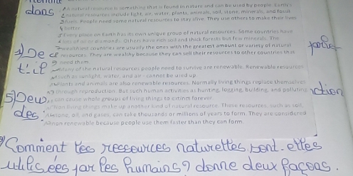 A A natural resource is something that is found in nature and can be used by people. Earth s
e natural resources include light, air, water, plants, animals, soil, stone, minerals, and focul
ybotter B fuels People need some natural resources to stay alive. They use others to make their lives
5 Every place on Earth has its own unique group of naturall resources. Some countries have
f lots of os or damands. Others have neh soil and thick forests but few minerals. The
A wealthiest countres are usually the ones with the greatest amount or variety of natural
resources. They are wealthy because they can sell their resources to other countries that
need them 
mtany of the natural resources people need to survive are renewable. Renewable resources
pr such as sunlight, water, and air - cannot be used up
elants and animals are also renewable resources. Normally living things replace themselves
n chrough reproduction. But such human activities as hunting, logging, building, and polluting 
y can cause whole groups of living things to extinct forever.
"Non living things make up another kind of natural resource. These resources, such as soil,
Actone, oll, and gases, can take thousands or millions of years to form. They are considered
Anon renewable because people use them faster than they can form