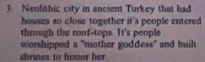 Neolithic city in ancient Turkey that had 
houses so close together it's people entered 
through the roof-tops. It's people 
worshipped a "mother goddess" and built 
shrines to honor her