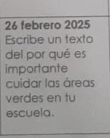 febrero 2025 
Escribe un texto 
del por qué es 
importante 
cuidar las áreas 
verdes en tu 
escuela.