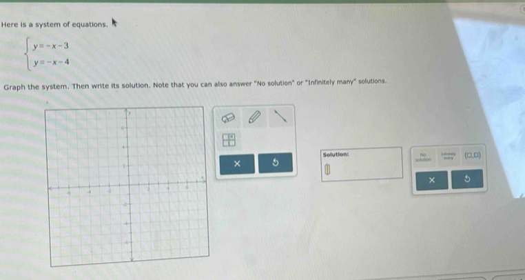 Here is a system of equations.
beginarrayl y=-x-3 y=-x-4endarray.
Graph the system. Then write its solution. Note that you can also answer "No solution" or "Infinitely many" solutions. 
No 
scAuton Hönily (□ ,□ )
miey 
× 5 Solution: 
× 
5