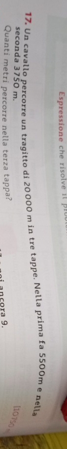 Espressione che risolve it pro 
17. Un cavallo percorre un tragitto di 20000 m in tre tappe. Nella prima fa 5500m e nella 
seconda 3750 m. 
[ 10 750 。 
Quanti metri percorre nella terza tappa? 
ancora 9.