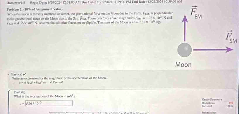 Homework 5 Begin Date: 9/29/2024 12:01:00 AM Due Date: 10/12/2024 11:59:00 PM End Date: 12/23/2024 10:59:00 AM
Problem 2: (10% of Assignment Value)
When the moon is directly overhead at sunset, the gravitational force on the Moon due to the Earth, overline F_EM , is perpendicula
to the gravitational force on the Moon due to the Su.overline F_SM. These two forces have magnitudes F_EM=1.98* 10^(20)N and
F_SM=4.36* 10^(20)N. Assume that all other forces are negligible. The mass of the Moon is m=7.35* 10^(22)kg.
M
Part (a)✔
Write an expression for the magnitude of the acceleration of the Moon.
a=sqrt ((F_EM)^2+F_(SM)^2) √ Correct!
Part (b)
What is the acceleration of the Moon in m/s^2 ? Grade Summary
0%
a=5.96· 10^(-31) Deductions 100%
Potential
Submissions